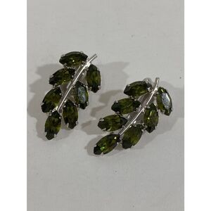 Vintage B David Signed Green Princess‎ Cut Clip On Earrings Fern Leaf
